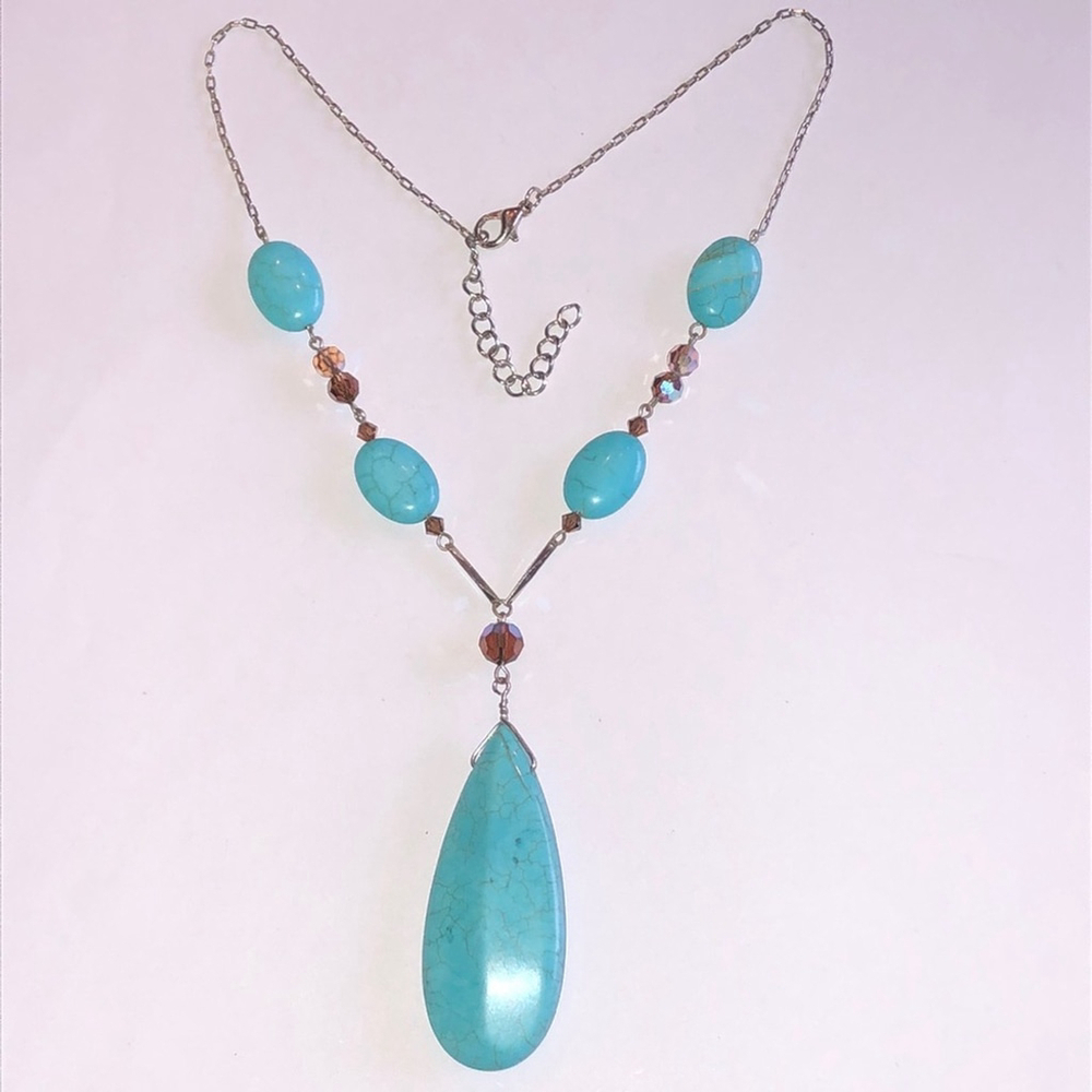 Silver Tone & Teal Turquoise Color Boho Retro Y Drop Statement Necklace